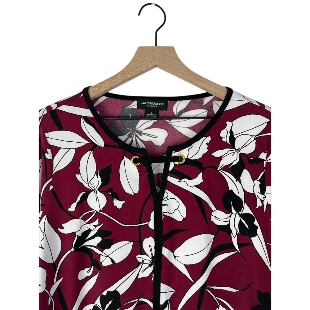 Liz Claiborne‎ Steampunk Career Floral Blouse Top Long Sleeve Maroon Large New